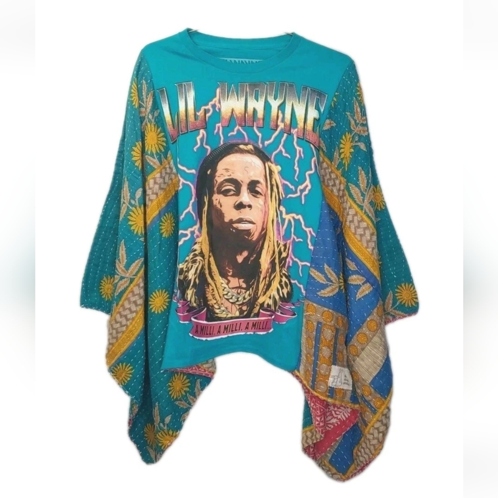 Lil Wayne Tee Upcycled Kantha Poncho Top Woman Plus O/S Festival Boho Hippie